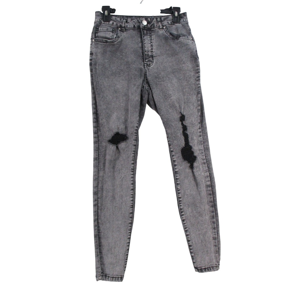 Acid Wash Gray Distressed Skinny Jeans High Rise Ripped Denim Pants Womens